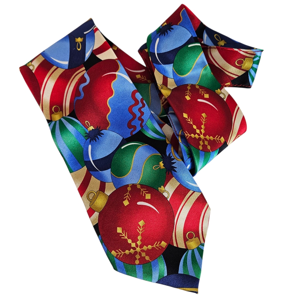 Roundtree & Yorke Christmas Tie OS 100% Silk Ornament Novelty Holiday Multicolor